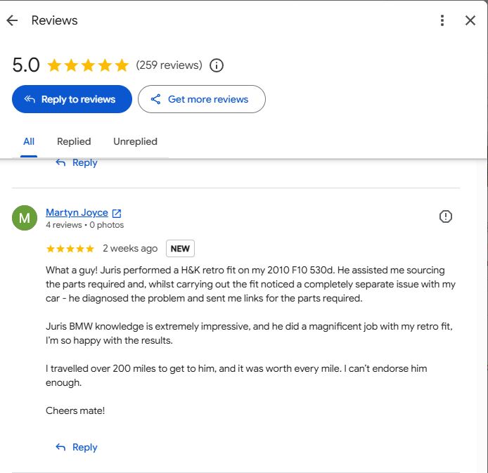 5-star Google review from Martyn Joyce for Bimmer Retro UK BMW retrofit service